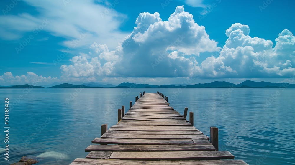 A weathered wooden dock stretching into the calm waters, under the vast canvas of a cloud-strewn blue sky. - obrazy, fototapety, plakaty 