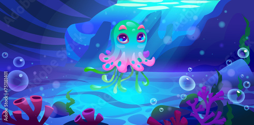 Octopus character swimming in sea water. Vector cartoon illustration of cute underwater creature with big eyes and many tentacles, water bubbles, sunlight reaching bottom, seabed animal mascot