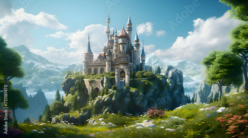 Magic Fairy Tale Castle in the mountains. Fantasy Landscape. Digital Painting.