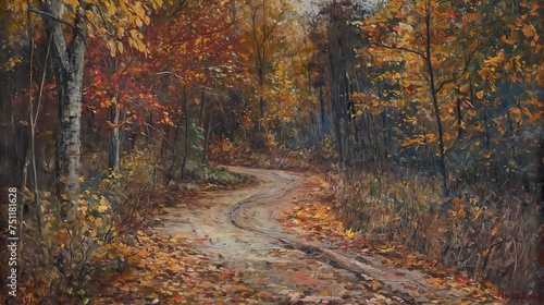 A winding path through the woods, blanketed by fallen leaves in various autumn hues, creating a picturesque scene.