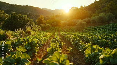 Sunset over a lush vegetable farm. Serene agricultural landscape with rows of leafy greens. Sustainable farming and peaceful rural life concept. Design for environmental magazine, farm-to-table