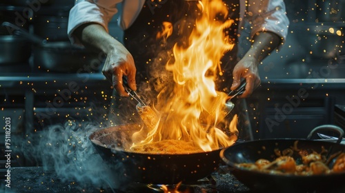 Close-up of the Professional chef's hands cooking food on fire in the kitchen at a restaurant. The chef burns food in a professional kitchen photo
