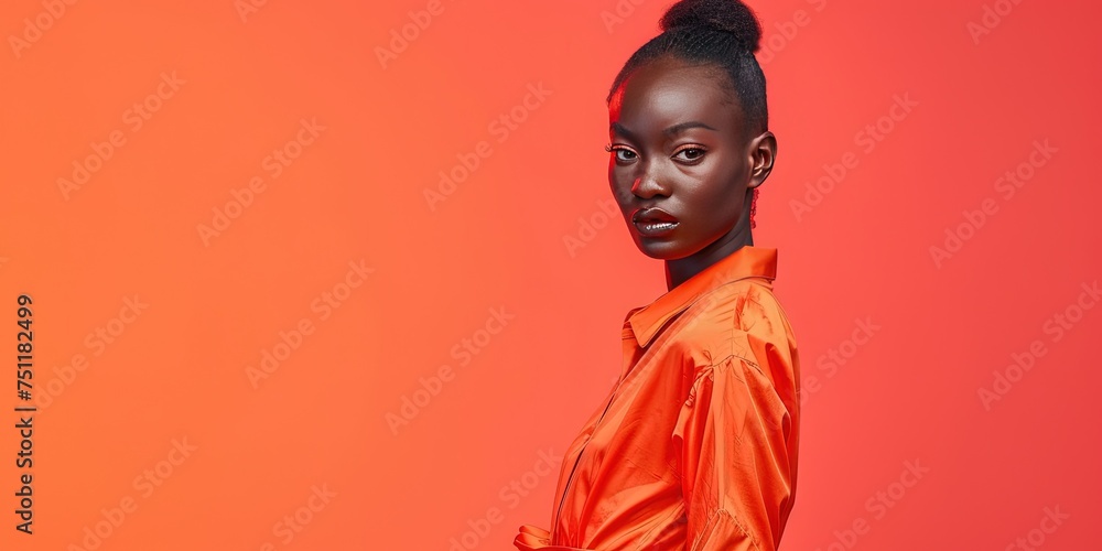 Naklejka premium Young Millennial woman in her early 30s modeling fashionable clothing on solid background with copy space.