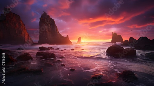 Panoramic view of a beautiful sunset over the ocean in Iceland