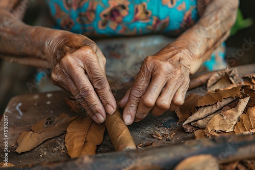 Hands of a woman rolling a cuban cigar in a beautfiul ambient. Vinales, Cuba photo