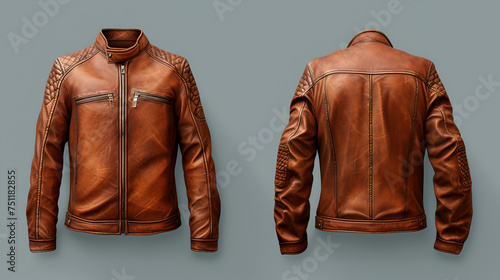 Men's brown leather jacket showcasing front and back views mock-up on white background. generative ai