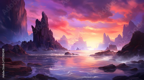 Fantasy seascape. Mountain and sea. 3D illustration