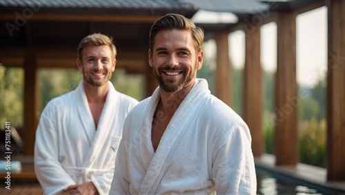 Men in white bathrobes enjoying spa photo