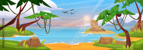 Sandy beach on summer island in sea. Vector cartoon illustration of seaside landscape with exotic palm trees, lianas and green grass, ocean waves washing coast, birds flying in sunset sky with clouds