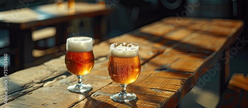 Two elegant glasses filled with refreshing beer are placed on top of a rustic wooden table, creating a simple and inviting scene.