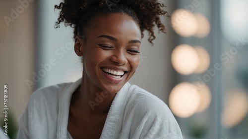 Happy black model laughing after spa facial treatment