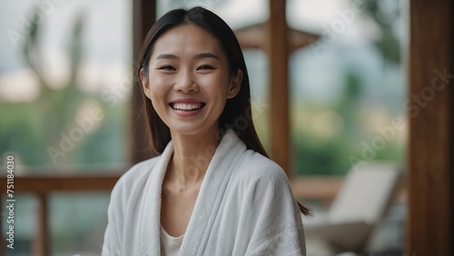 Happy asian model laughing after spa facial treatment