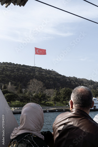 Tourists on a ferry boat in Istanbul.