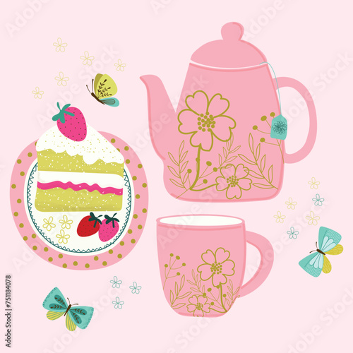 pink cute adorable spring afternoon tea set with strawberry cake hand drawn element vector illustration for invitation greeting birthday party celebration wedding card poster banner background