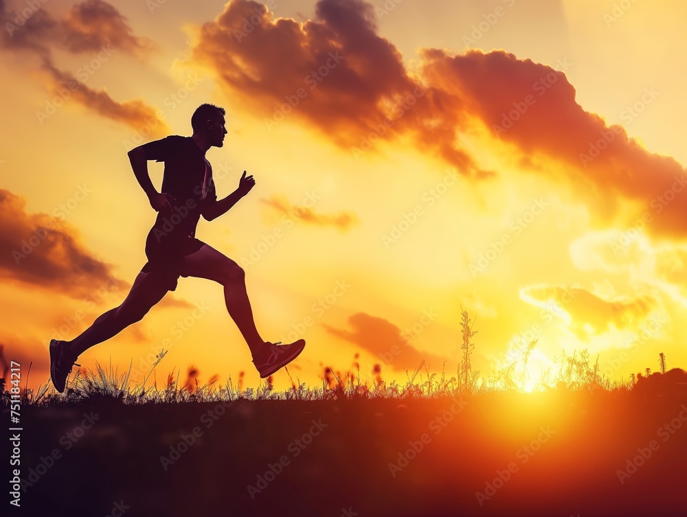 An athlete's silhouette is captured in motion, running outdoors with a stunning sunset backdrop, symbolizing endurance and passion