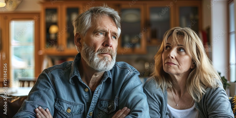 Frustrated Generation X couple sitting in the living room of their home. 