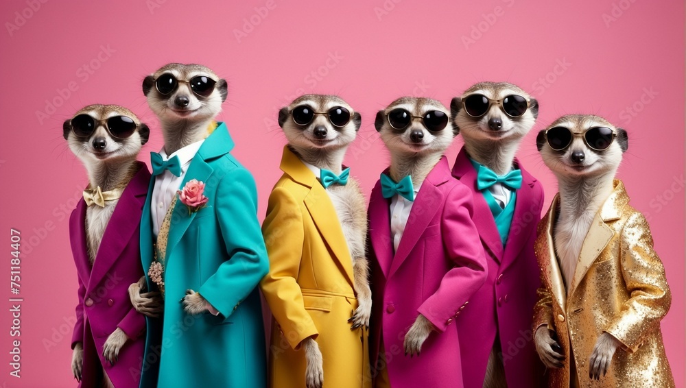 A row of sophisticated dogs in colorful suits make a bold fashion statement, perfect for themes of pets in human attire A row of sophisticated dogs in colorful suits make a bold fashion statement, perfect for themes of pets in human attire