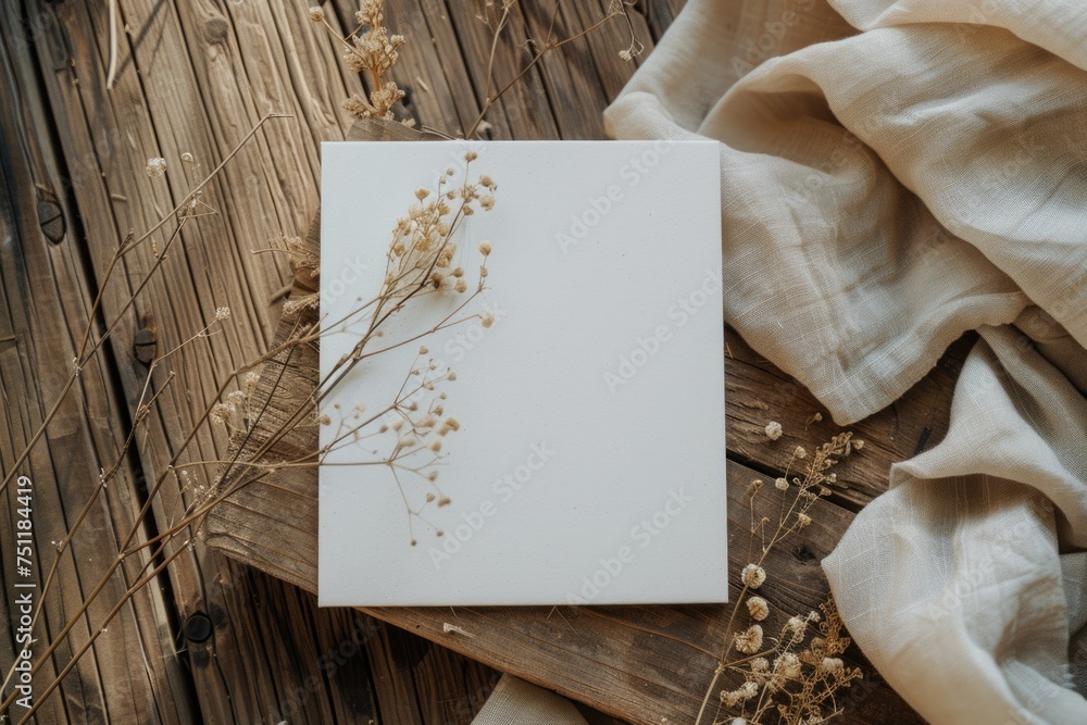 White canvas with dried flowers on rustic wooden background with linen fabric.