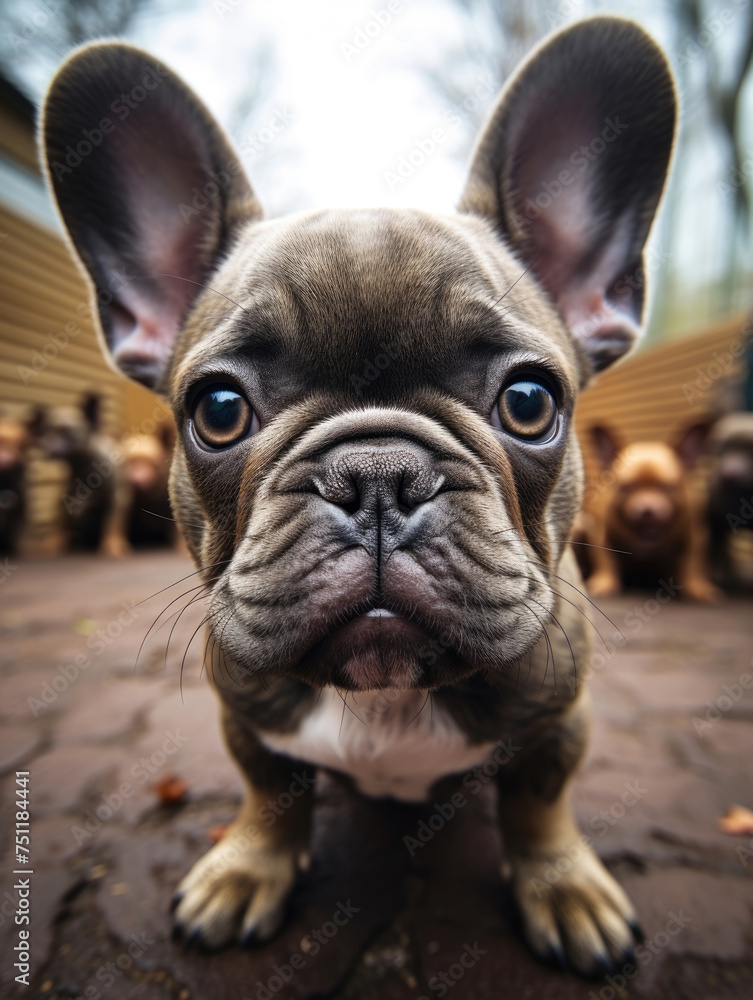 close-up cute black french bulldog dog face looking straight at the camera created with Generative AI Technology