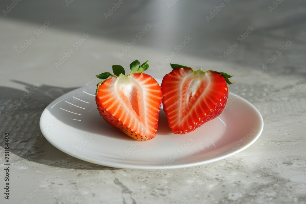 Two halves of a ripe strawberry displayed on a white plate with a marble background.