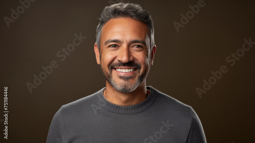 portrait Middle aged latino hispanic man smiling at the camera created with Generative AI Technology photo