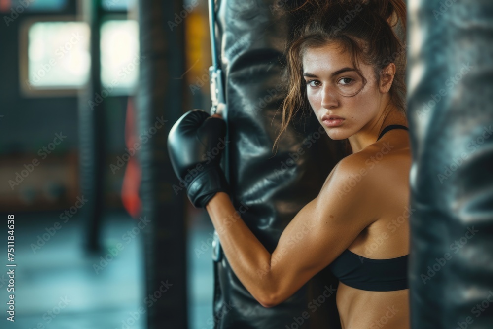 Female boxer leaning on punching bag in gym. Determination and strength concept.