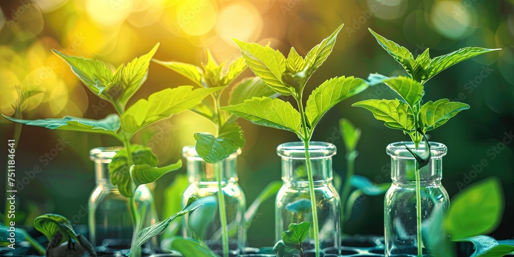 Biology concept with plants and DNA in a scientific research lab