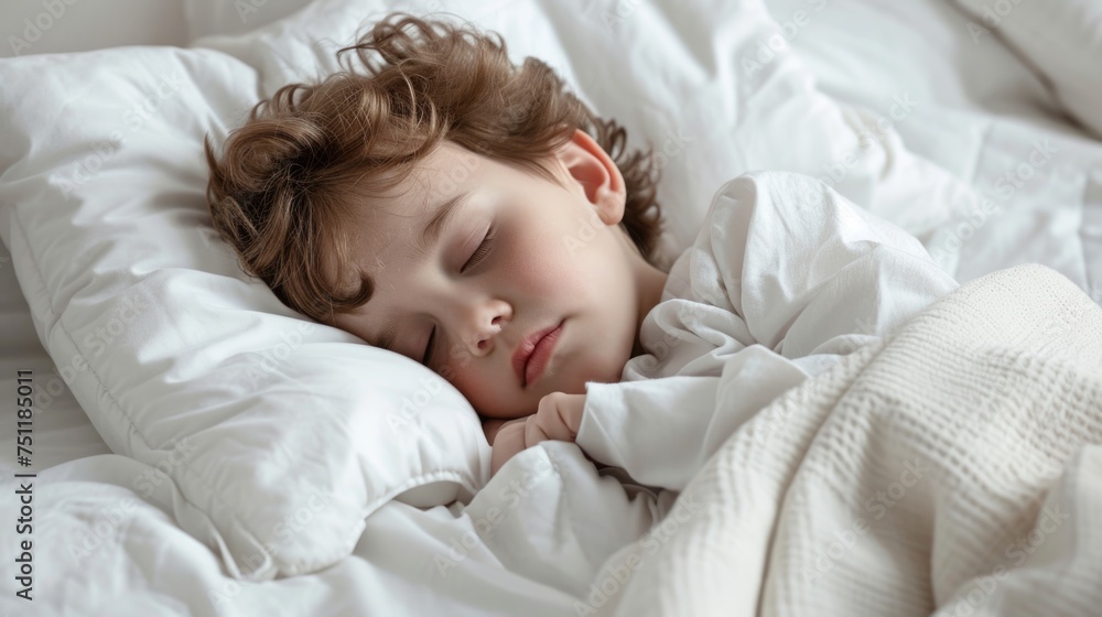 Young child sleeping peacefully in white bedding.