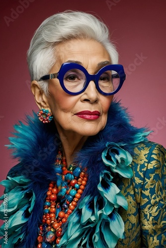 Fashionable senior showcasing a flair for vibrant glasses and matching floral and feather attire photo