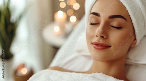 Woman with towel on head enjoying spa treatment.