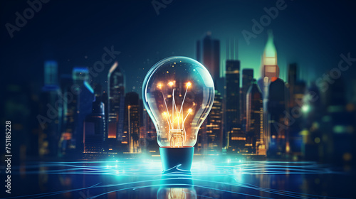 A determined businessman holds a glowing lightbulb symbolizing his bright ideas, Server cloud data storage concept solution Web database backup computer generate by AI
 photo