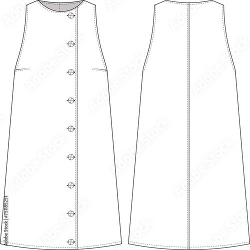 sleeveless buttoned round neck crew neck short tent dress template technical drawing flat sketch cad mockup fashion woman design style model denim jean
