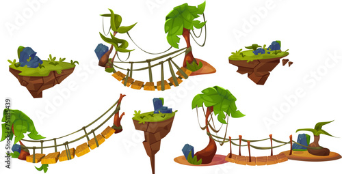 Game level map ui design asset kit - floating ground platform with green grass and stones, suspension old bridge with rope and palm trees. Cartoon vector set of footbridge and island for jump and walk