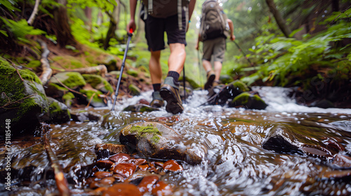 Two hikers crossing stream at the woods, forest, outdoor, adventure, backpack, wildlife © Ratthamond