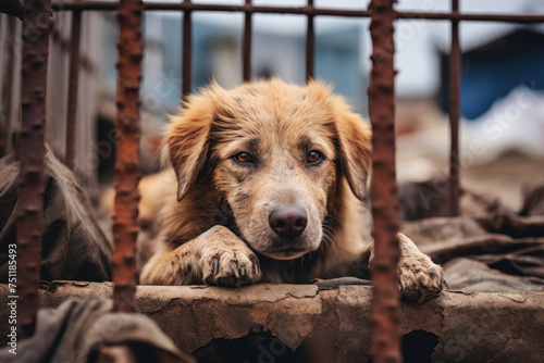 Brown dog behind rusty metal bars. Close-up animal portrait with emotional impact.