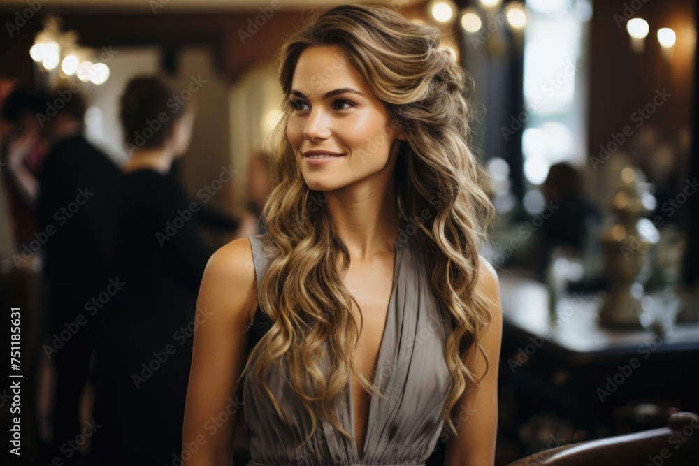 Elegant woman with curly hair in a formal dress at an event.