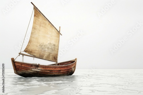 Wooden sailboat with a beige sail on a cracked ice surface, with a clear background. Place for text