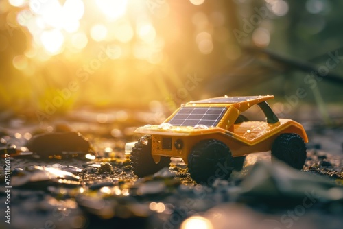 Solar-powered toy car on a rocky surface with sunlight and lens flare in the background.