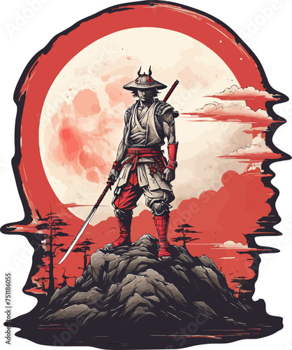 Japanese warrior with red moon vector illustration for t-shirt, stickers and others.
