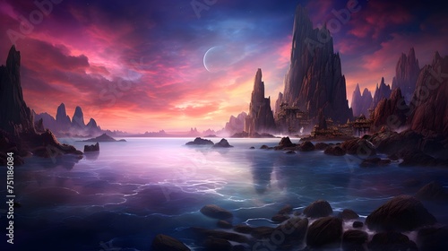 Fantasy alien planet. Mountain and sea. Panoramic view.