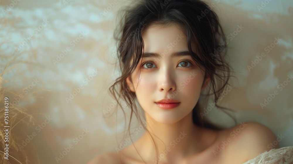 Beautiful young Asian woman with clean, fresh skin on bokeh background. face care Facial treatments, cosmetology, beauty and spa