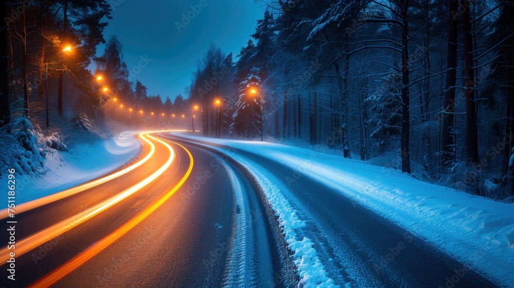 road path at night Blue lights on the road road path at night Blue lights on the road