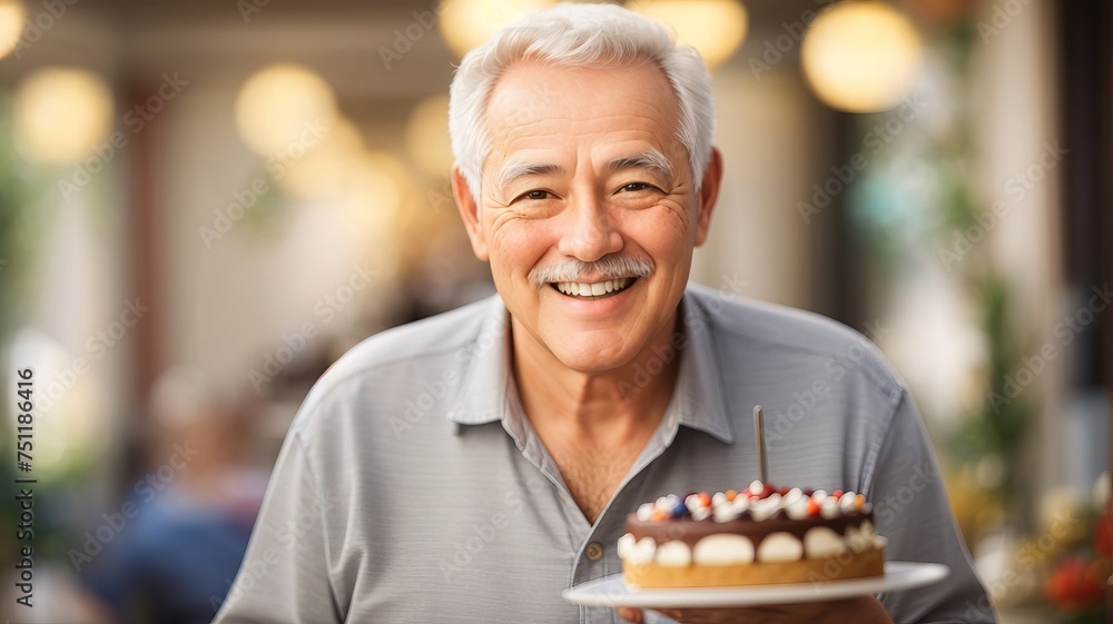 Portrait of a senior man eating cake looking at camera