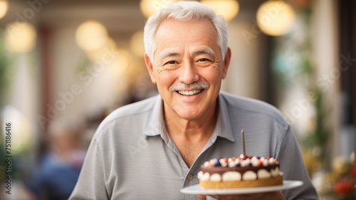 Portrait of a senior man eating cake looking at camera