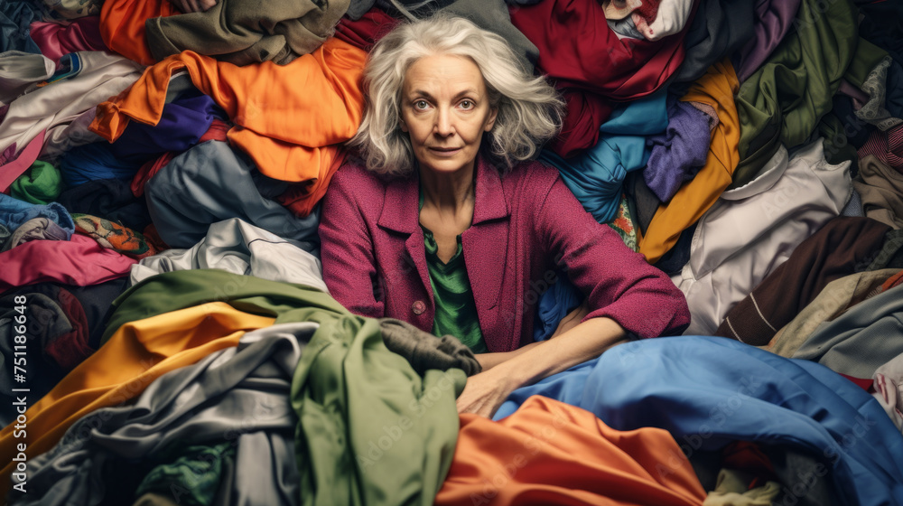 A elderly woman against the background of a pile of clothes and things. The problem of consumerism and overconsumption. A person in a pile of clothes.