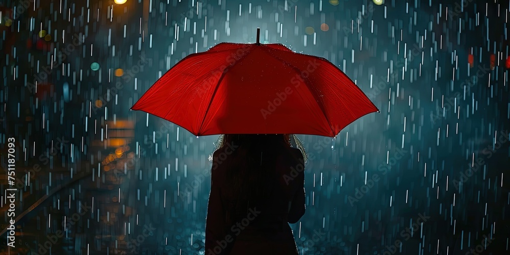 Woman holding red umbrella in a dark and stormy night