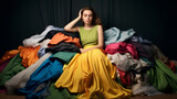 A young woman against the background of a pile of clothes and things. The problem of consumerism and overconsumption. A person in a pile of clothes.