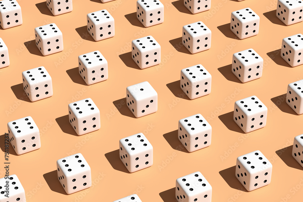 Repetitive white dices pattern in a row on pink beige background. Repetitive white dices pattern in a row on pink beige background.