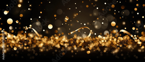 Festive vector with shiny shining golden particles spread sparkling golden bokeh light on Black background
