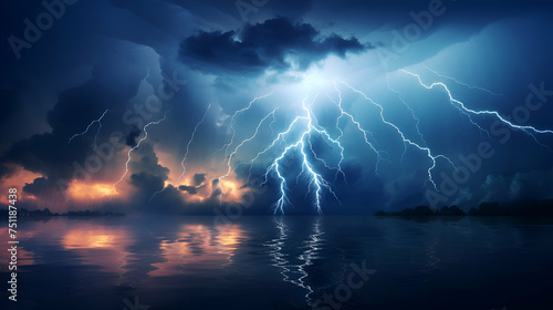 Lightning in the sky above the water. 3D illustration.